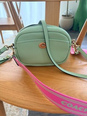 Coach Mint Green Pebble Leather Crossbody with Pink Logo Strap